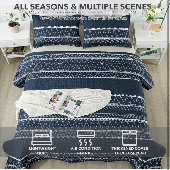 Bohemian SummerLightweight Reversible Microfiber NavyBlueQuiltSet CaliforniaKing - Picture 5 of 8